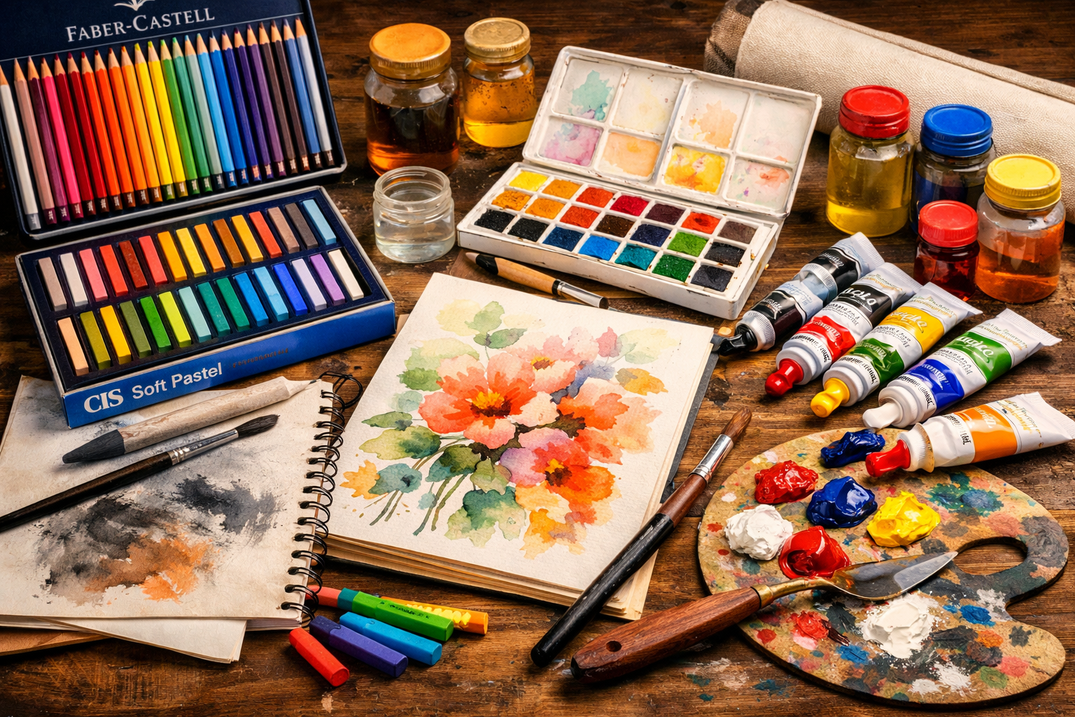 lápis de cor, giz pastel, aquarela, tinta a óleo, tinta acrílica, pincéis e paleta.