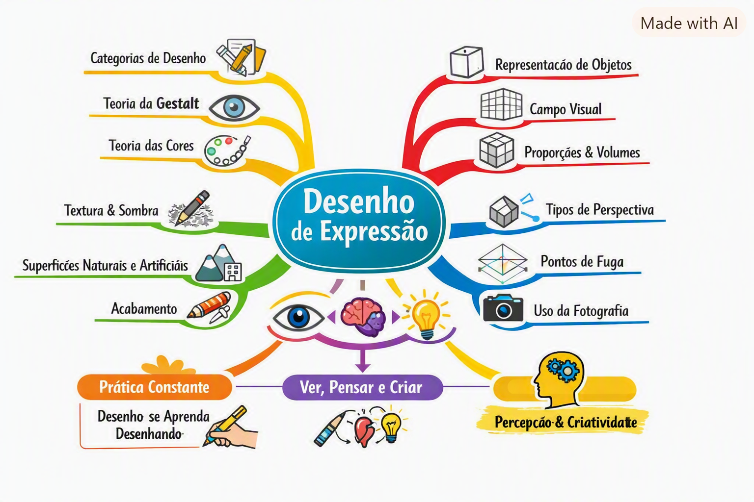 Ele sintetiza os principais conceitos em quatro grandes áreas (conceitos básicos, organização do espaço, recursos gráficos e perspectiva), além das ideias centrais de prática constante e integração entre ver, pensar e criar.  📌 O diagrama já está pronto e disponível na imagem acima — uma forma visual clara e colorida para memorizar os conteúdos principais.