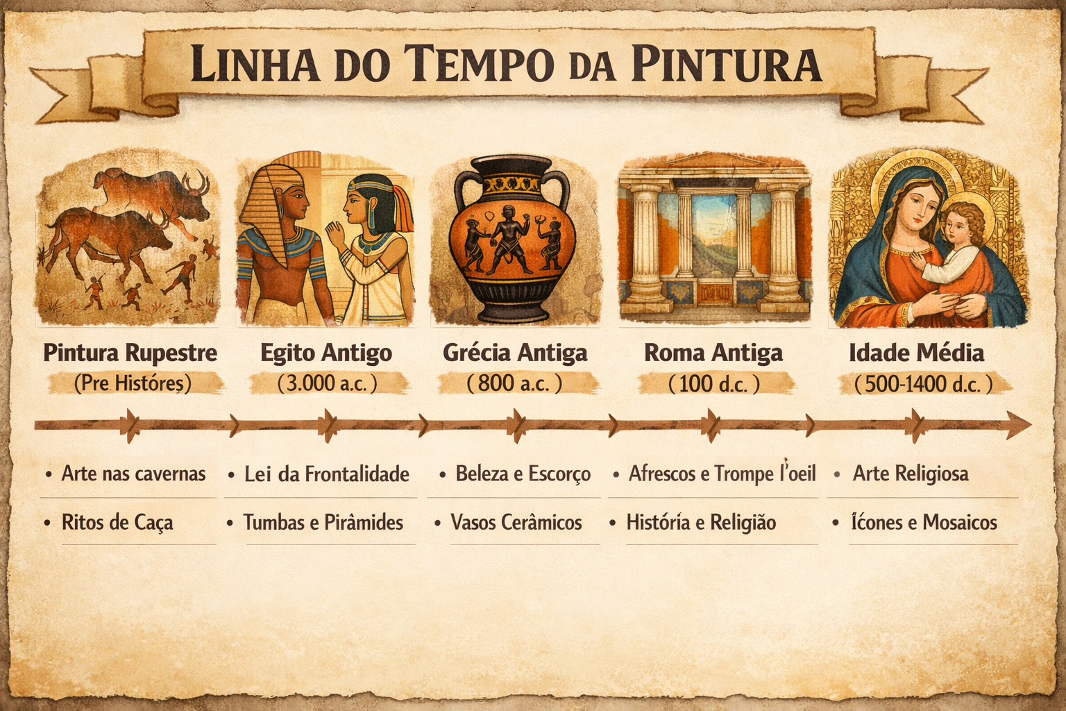 Imagem da Linha do Tempo da Pintura  Ela mostra os principais períodos:  Pintura Rupestre (40.000 a.C.) → arte nas cavernas, ritos de caça.  Egito Antigo (3.000 a.C.) → Lei da Frontalidade, tumbas e pirâmides.  Grécia Antiga (800 a.C.) → beleza, perspectiva (escorço), vasos cerâmicos.  Roma Antiga (100 d.C.) → afrescos, trompe l’oeil, narrativa histórica e religiosa.  Idade Média (500–1400 d.C.) → arte religiosa, ícones e mosaicos.  ✨ Assim você consegue visualizar como cada período trouxe novas técnicas e funções para a pintura.
